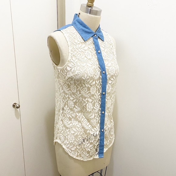 NWT Fun & Flirt Lace Button Up Tank White Blue S - Picture 10 of 11